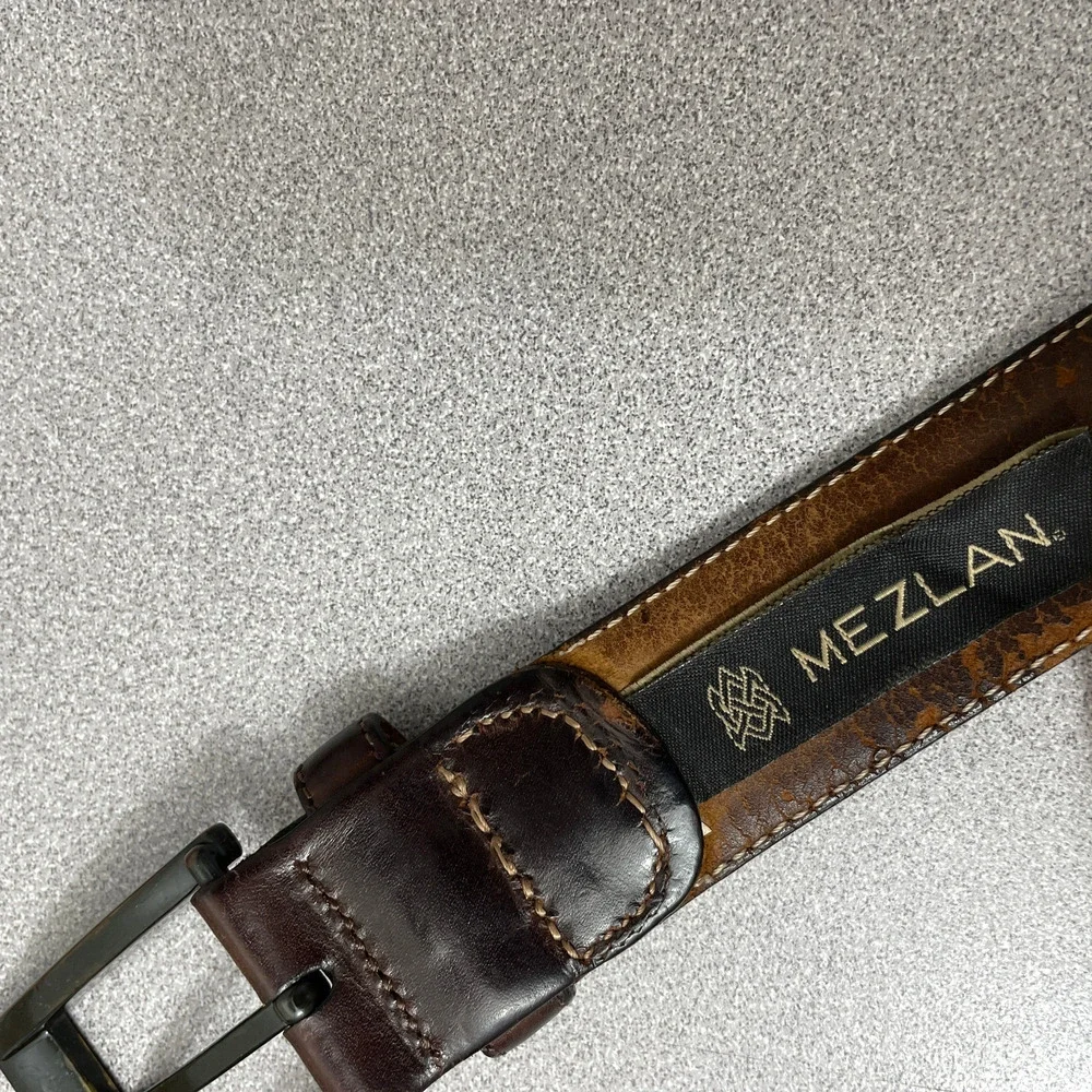 Mezlan Mens Leather Belt Size M Brown Woven Stripe Gunmetal Buckle 1.25in *